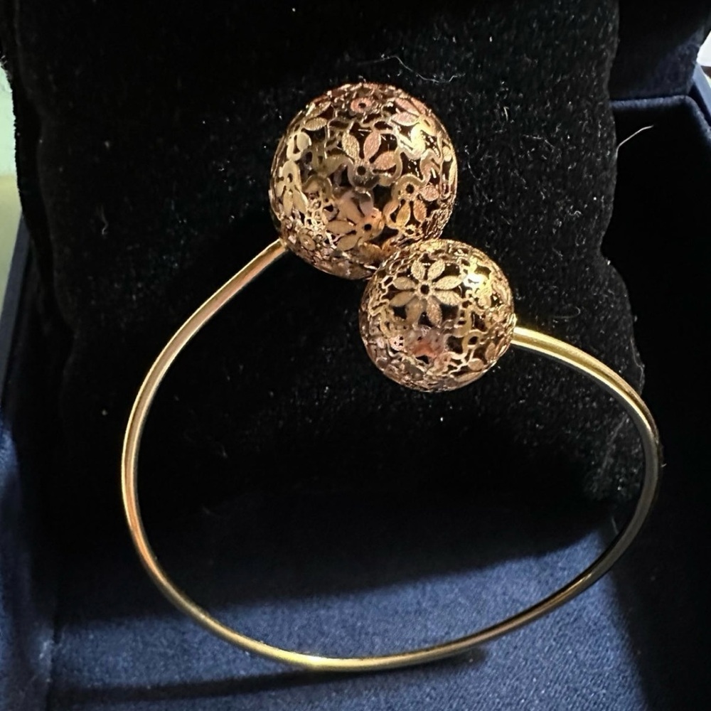 750 yellow Gold Filigree Double Ball Adjustable Bangle Bracelet - Women Jewelry